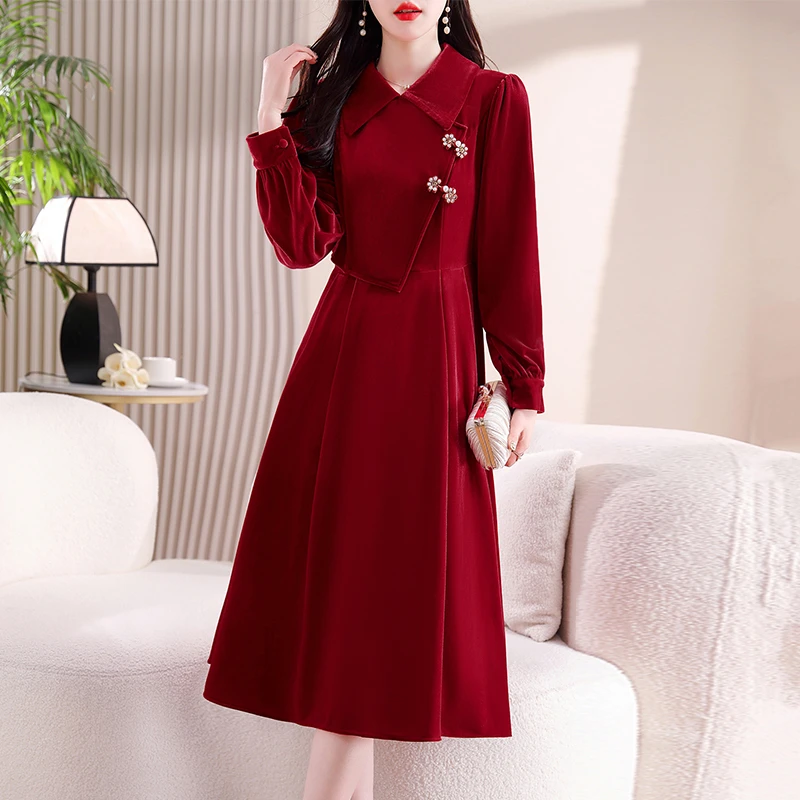 zmdm9679新中式国风盘扣金丝绒连衣裙冬季时尚保暖加厚红色打底裙
