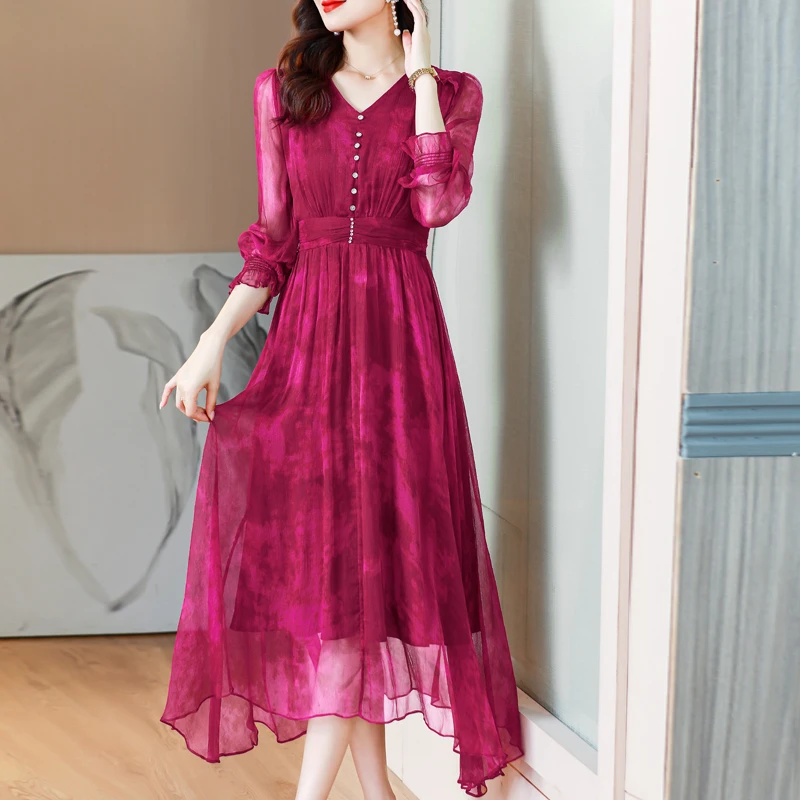 blx9509印染渐变色网纱连衣裙新款时尚气质红色高级感女神范长裙