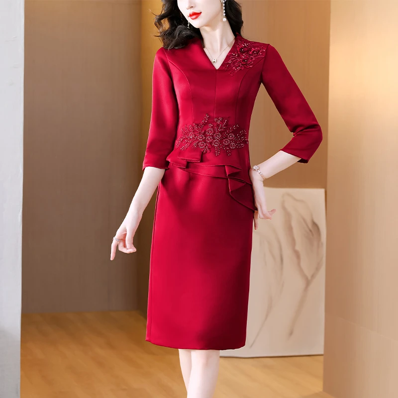 yhfs7617喜婆婆婚宴装礼服裙秋新款妈妈装时尚重工珠绣亮片连衣裙