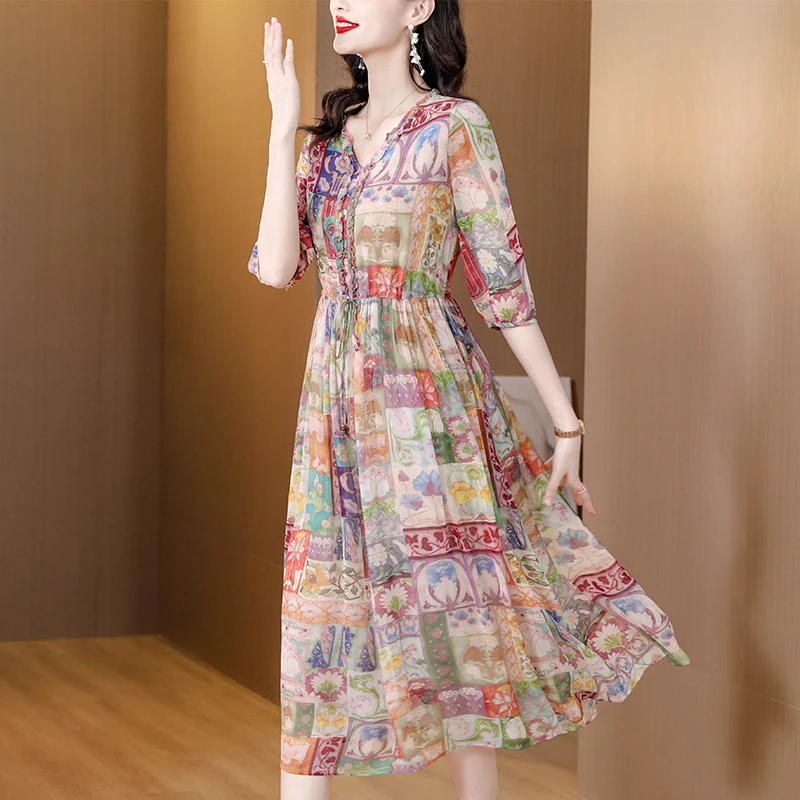 显瘦中袖连衣裙女2025夏季新款时尚优雅气质复古减龄碎花裙子
