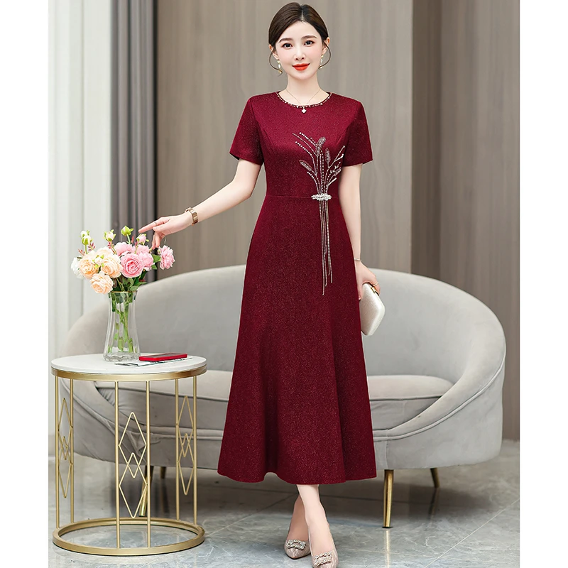 高端贵妇喜婆婆婚宴装重工钉珠礼服裙夏季时尚优雅修身红色连衣裙