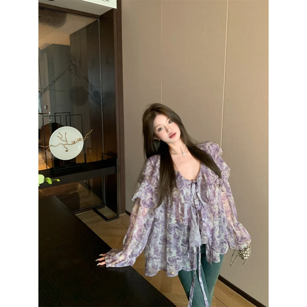 实价紫芋玫瑰少女重工设计感小众衬衫显瘦防晒上衣