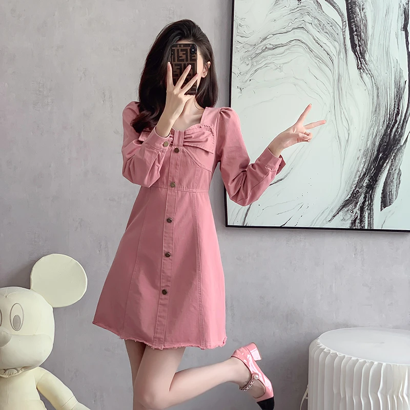 新款年时尚泡泡袖牛仔连衣裙女秋小个子法式桔梗收腰短裙