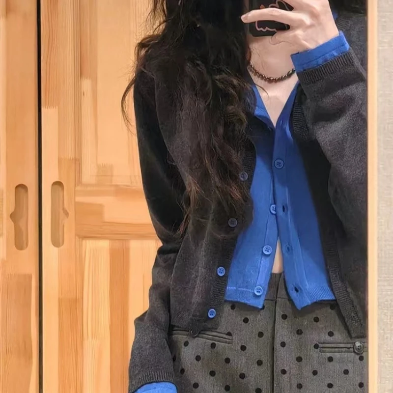 拼色假两件针织开衫女慵懒宽松设计感短款针织衫秋冬新款小众外套