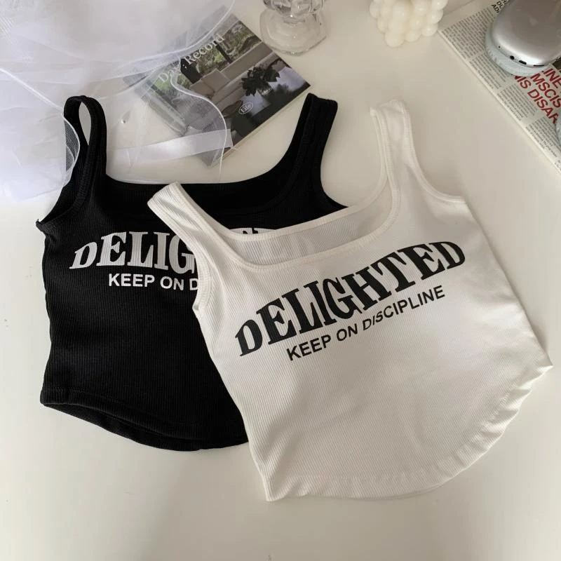 辣妹红色宽肩小背心吊带打底带胸垫女装字母方领印花无袖美背内衣