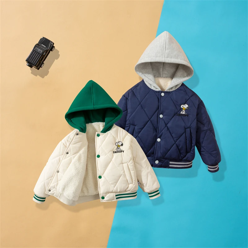 史努比2024秋冬男女童装棉衣加厚保暖外套儿童连帽宝宝加绒棉服潮