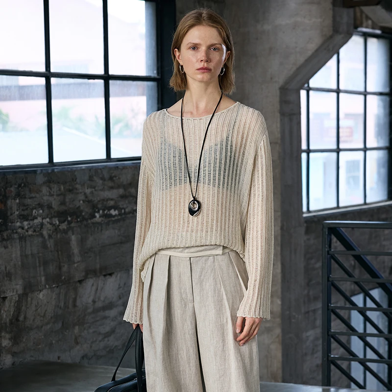 MUYI24慵懒风薄款通勤防晒镂空条纹宽松长袖罩衫上衣女#50200