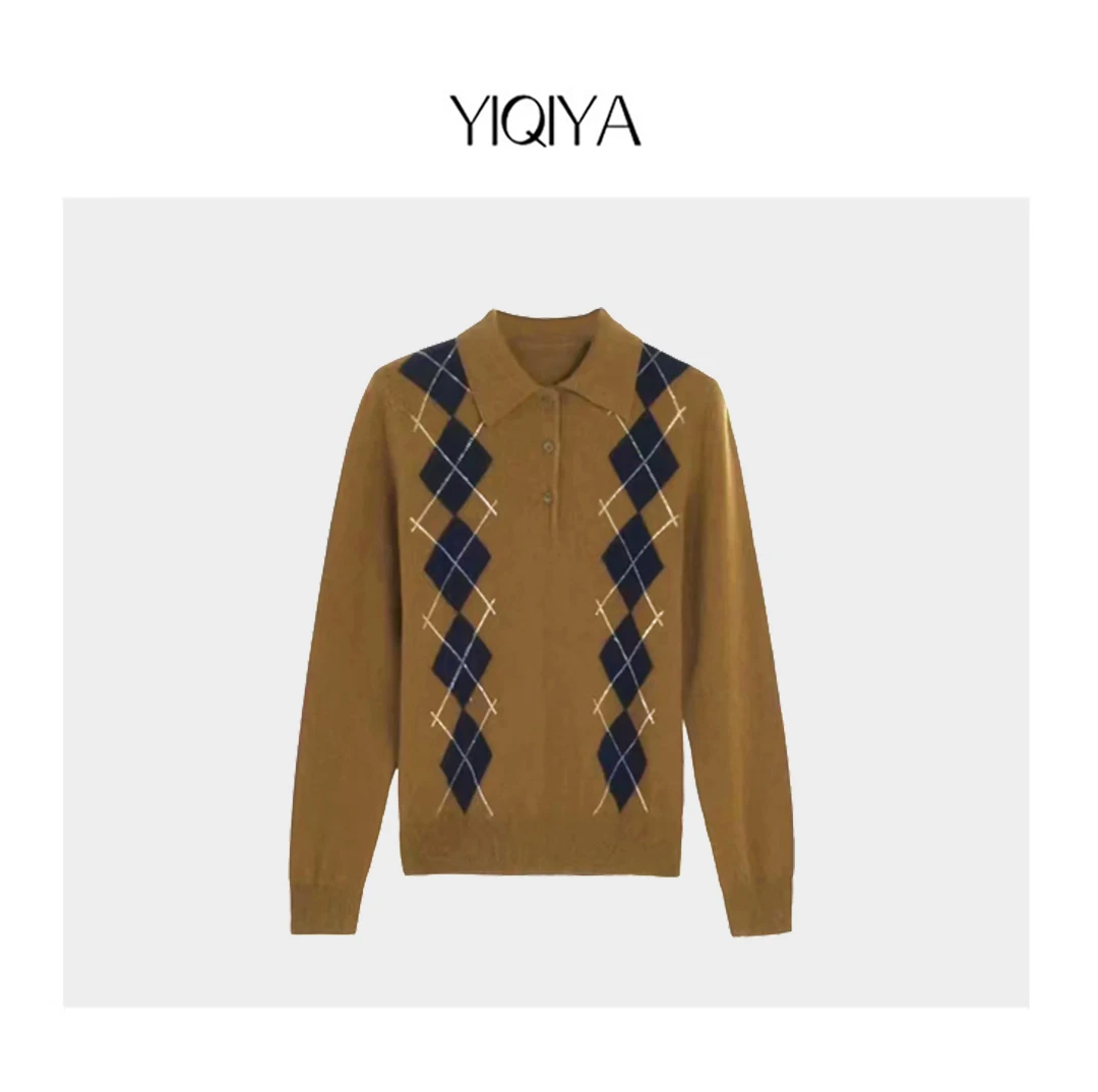 【DAQI】雅丹菱形格POLO领翻领轻奢女士百搭撞色时尚上衣C203