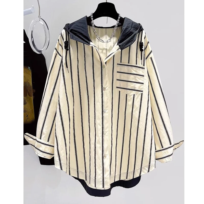 胖妹妹设计感复古港风条纹连帽衬衫女2025春秋新款高级感显瘦衬衣