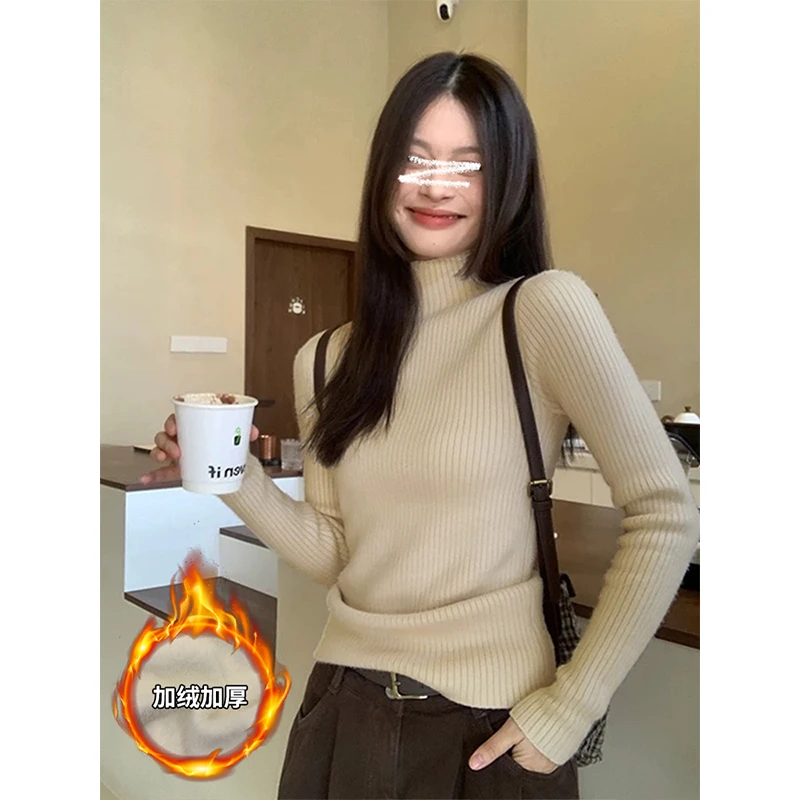 Moses Queen/魔西女王竖坑条纹立领加绒加厚针织衫一体绒打底衫