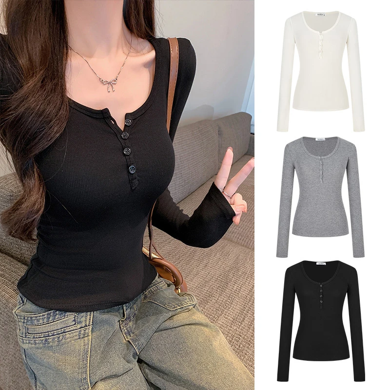 Moses Queen/魔西女王纸片人美式半开领长袖T恤百搭修身显瘦上衣