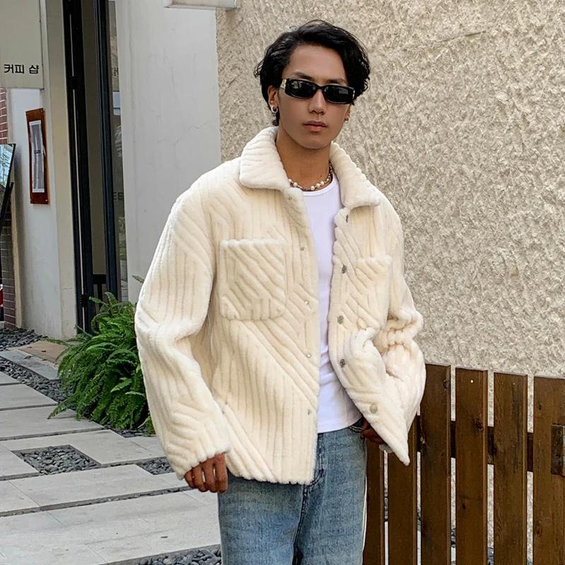 新款剪花澳洲绵羊毛颗粒男外套方领夹克大衣休闲秋冬100%真羊毛