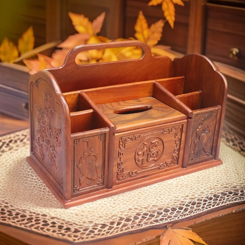 特大号办公桌花开收纳盒新奇家用好物遥控器木制复古置物盒纸巾盒