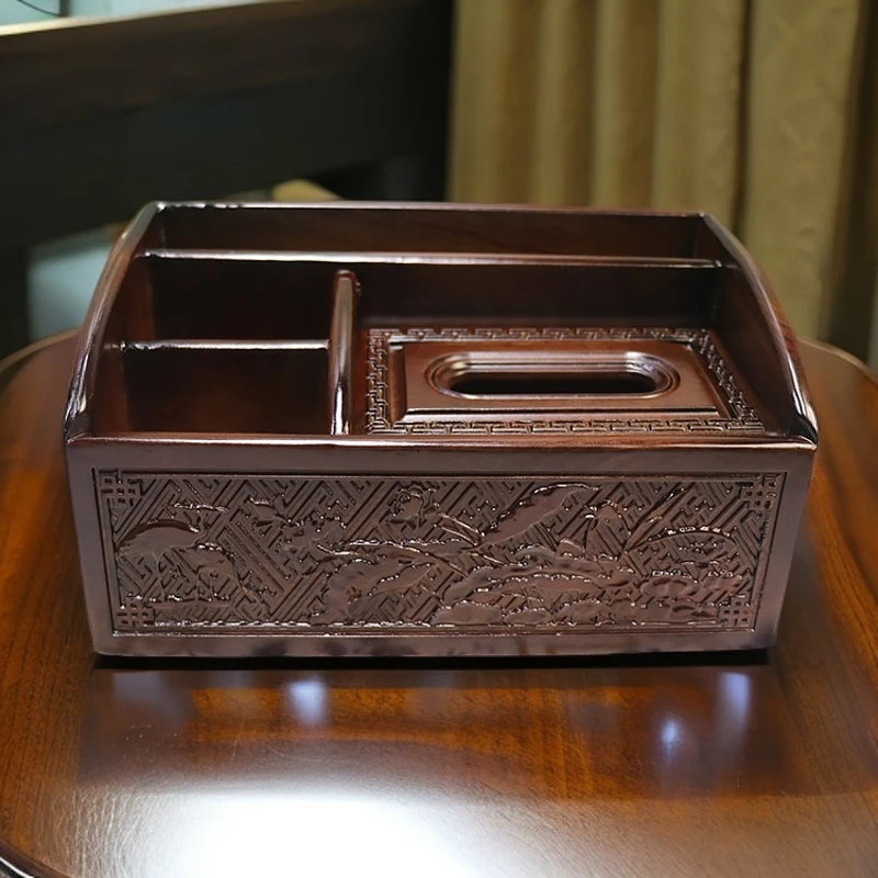 深色四面雕小号收纳盒客厅桌面木质遥控器复古纸巾盒雕花置物木盒