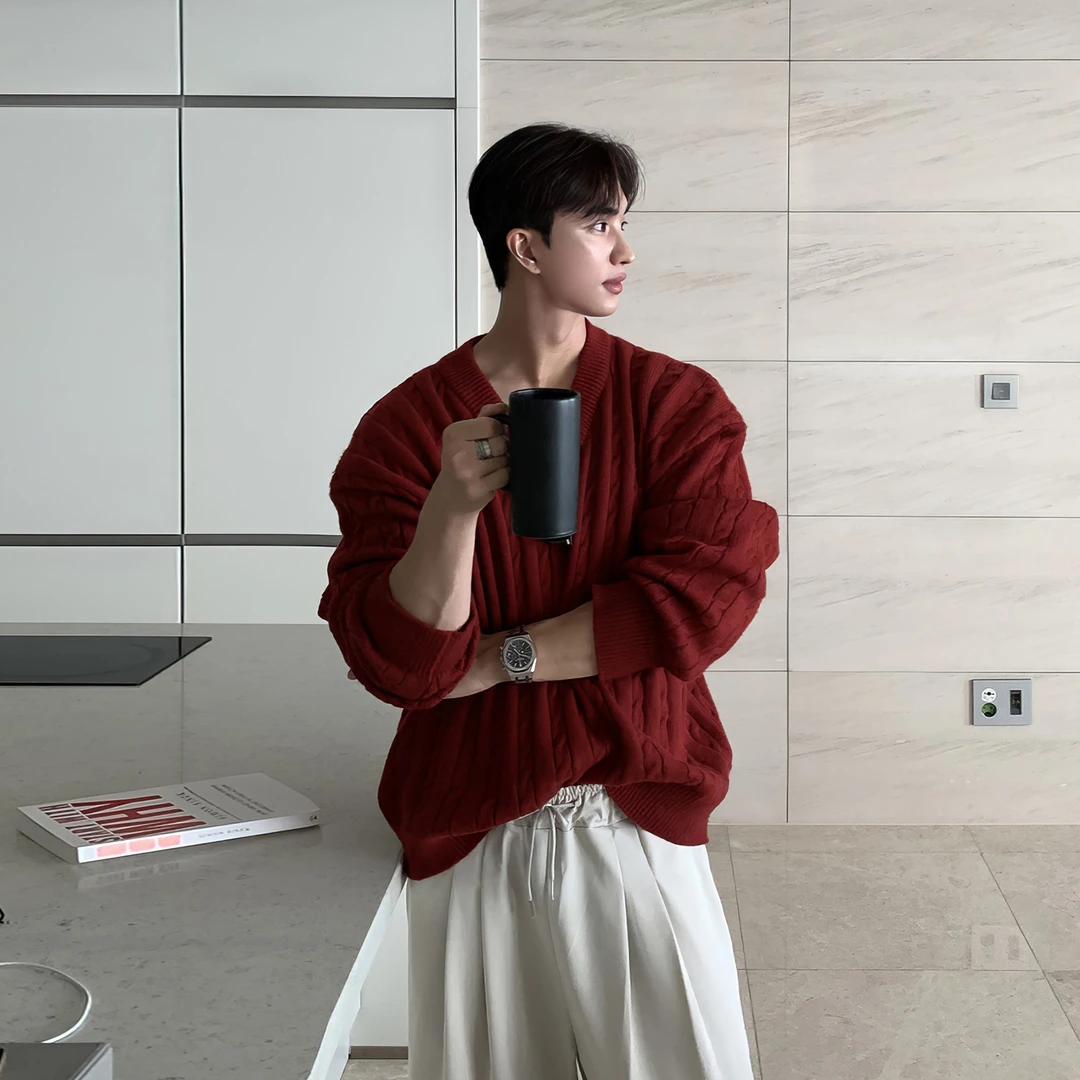 酒红色小V领套头毛衣男款秋冬复古高级感慵懒风男士针织衫上衣
