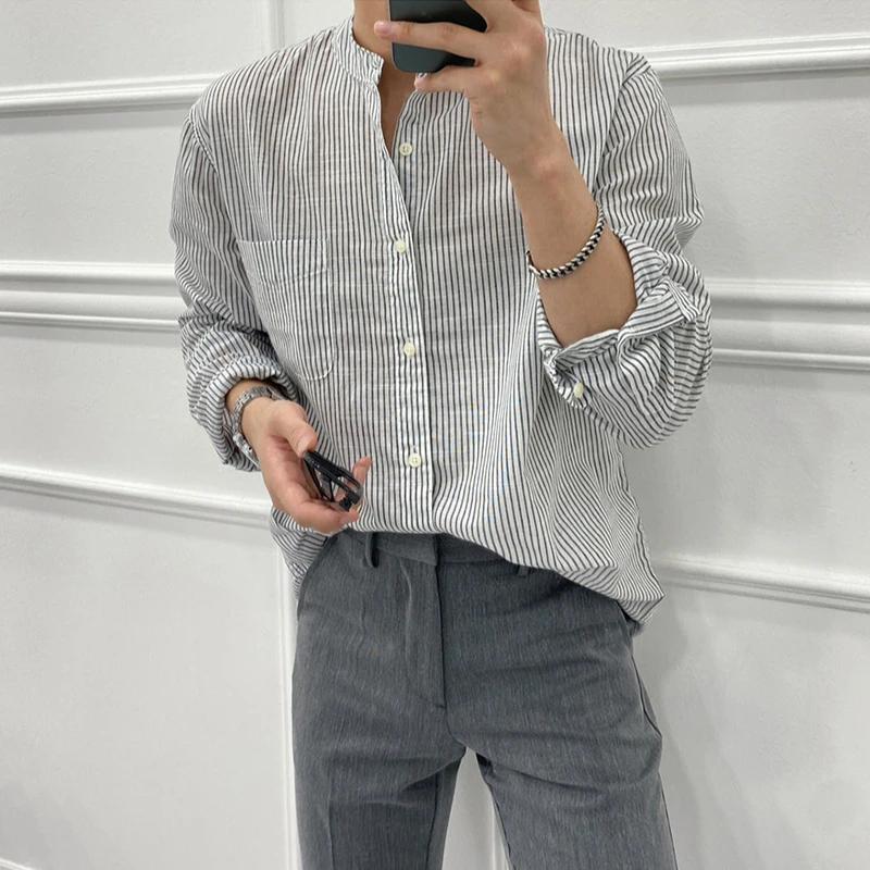 纯棉黑白条纹长袖衬衫男士早春轻奢痞帅高级感休闲百搭设计感衬衣