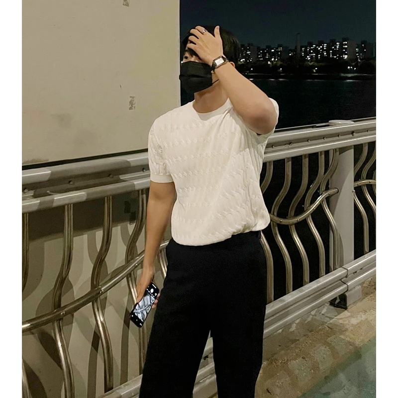 纯色针织衫透气短袖男爆款2025新款夏季潮牌痞帅高级感轻熟风t恤