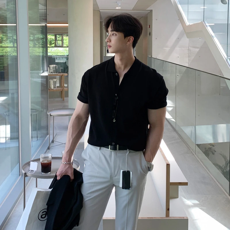 短袖polo衬衫男夏季潮牌高级感港风美式复古男士休闲翻领针织T恤