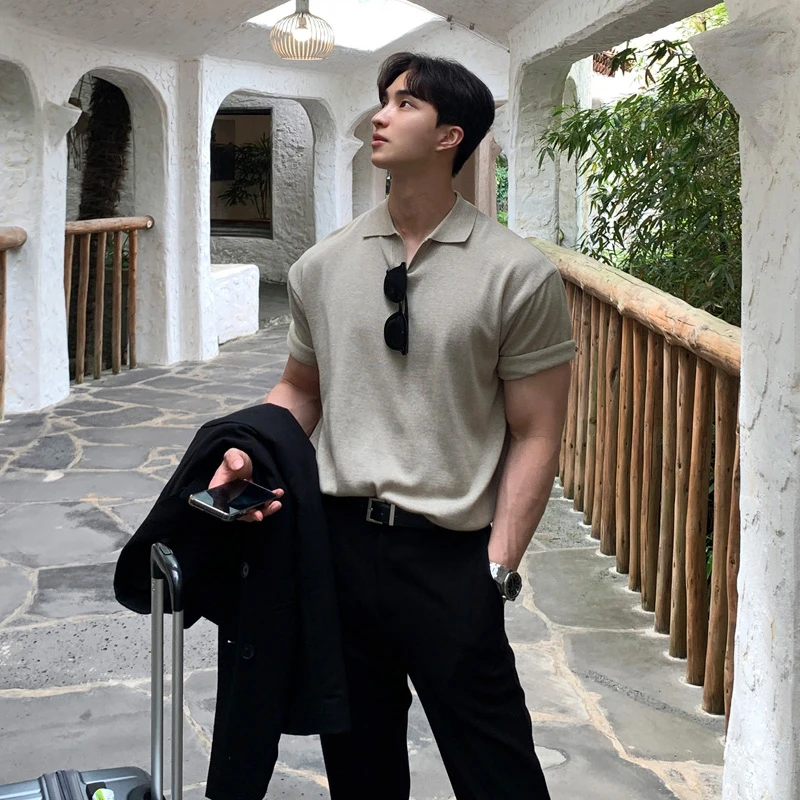 针织短袖polo衫男2025新款翻领男士小众法式正肩美式日系复古T恤