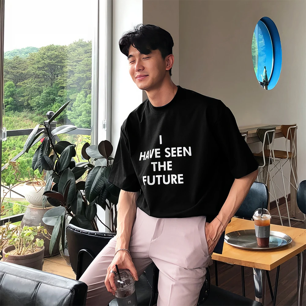 黑色圆领印花t恤男士新款夏季潮牌潮流个性时尚韩版宽松短袖上衣