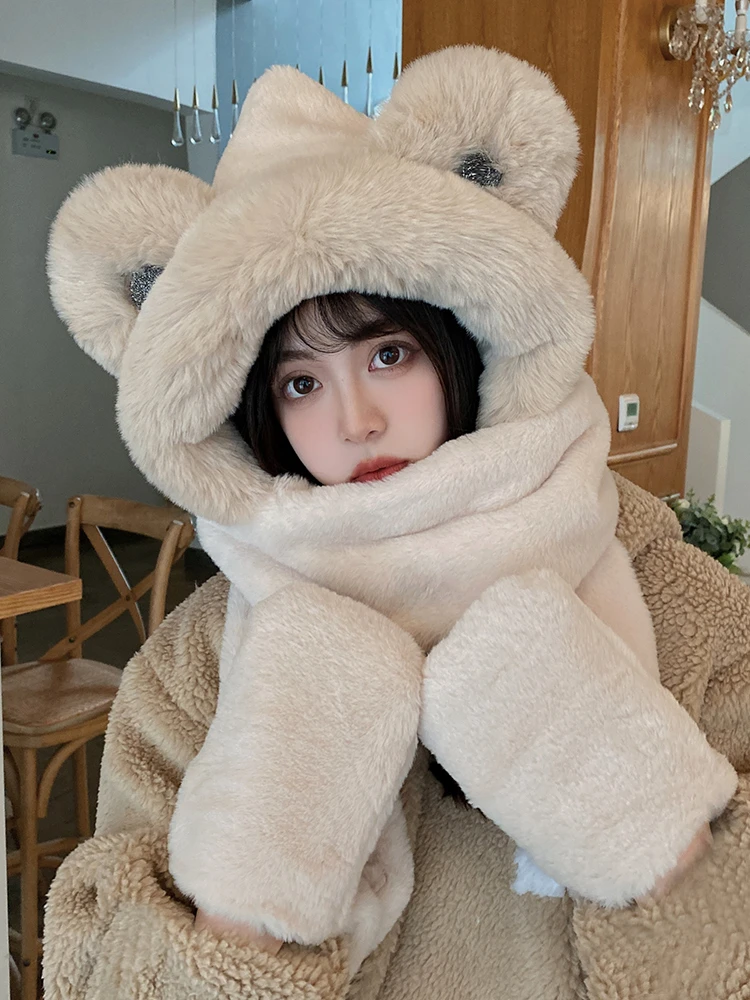【加厚小熊星空耳】围巾帽子暖手套一体冬天百搭毛绒防寒韩版绒帽