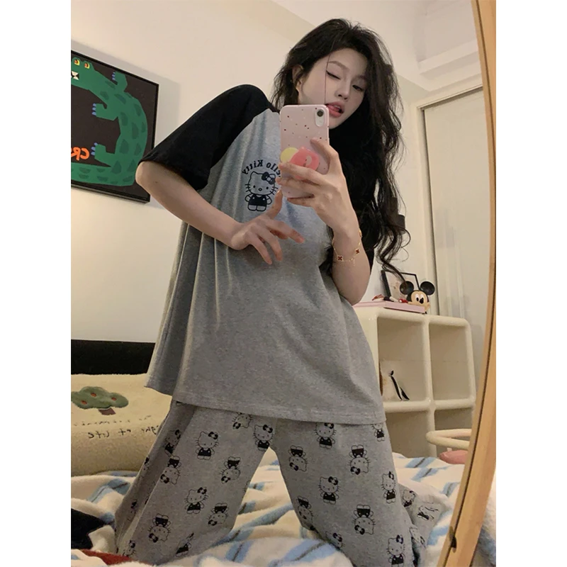 夏季新款凯蒂猫睡衣女短袖长裤宽松家居服可外穿日系可爱休闲套装