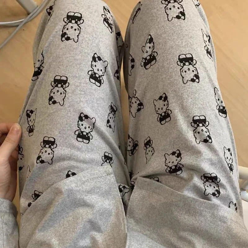 可爱卡通凯蒂猫印花睡裤女春秋新款宽松休闲裤高腰直筒裤外穿长裤