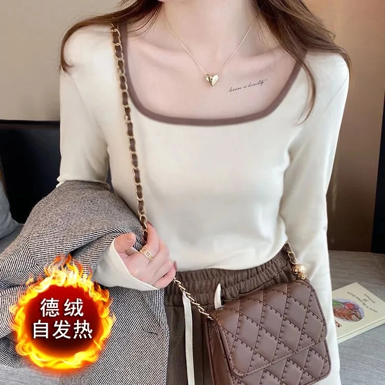 双面德绒保暖打底衫女秋冬季洋气内搭加厚气质方领修身长袖上衣女