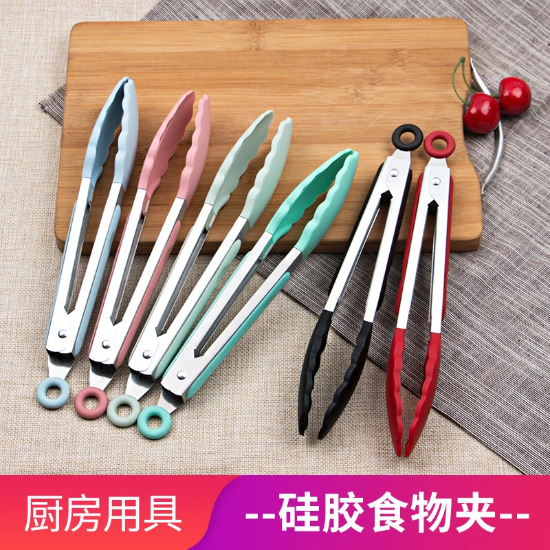 硅胶食品夹子耐高温食物夹不锈钢牛排烧烤炒菜防烫厨房烹饪工具煎