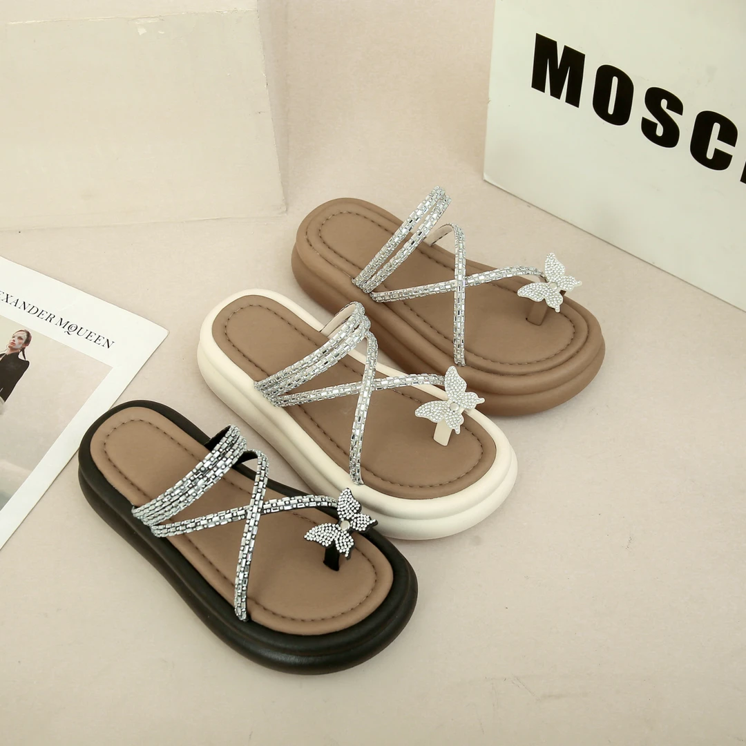 套趾拖鞋女夏季外穿2024新款时尚厚底面包沙滩中跟配裙法式凉拖鞋