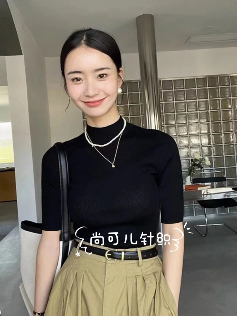 【赫.本风.五分袖】早秋精纺法式女士半高领针织短袖百搭上衣打底衫