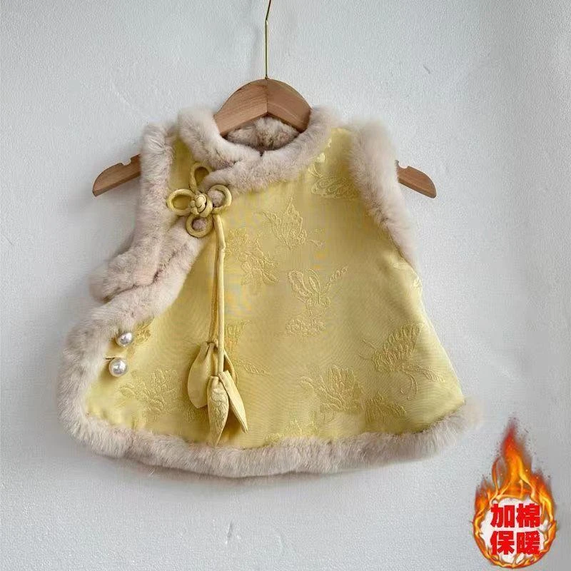 中式女童马甲冬装改良唐装儿童提花刺绣盘口上衣中国风女宝宝背心