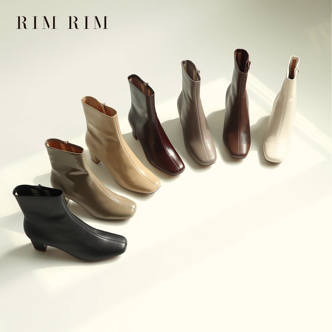 RIM RIM#17014侧拉链法式经典简约短靴靴跟高5.5cm瘦瘦靴真皮时装