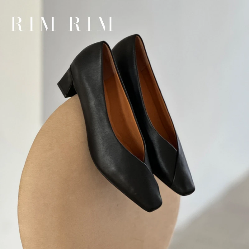 RIM RIM#中跟V口奶奶鞋跟鞋塑型马皮鞋气质女士百搭黑色
