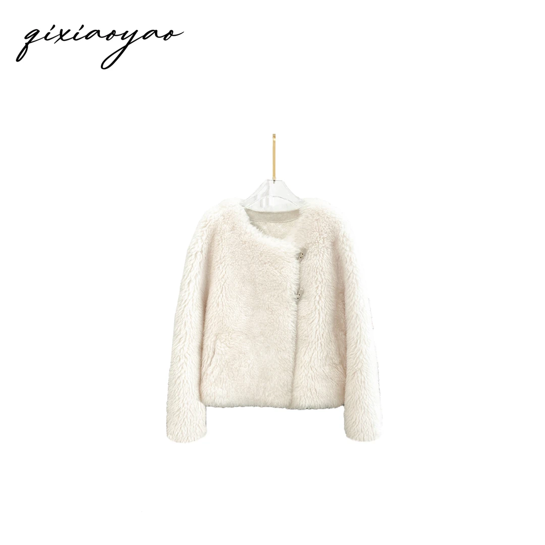 【牛角扣】羊羔毛外套女秋冬托斯卡纳全羊毛大衣#QSXHR2950