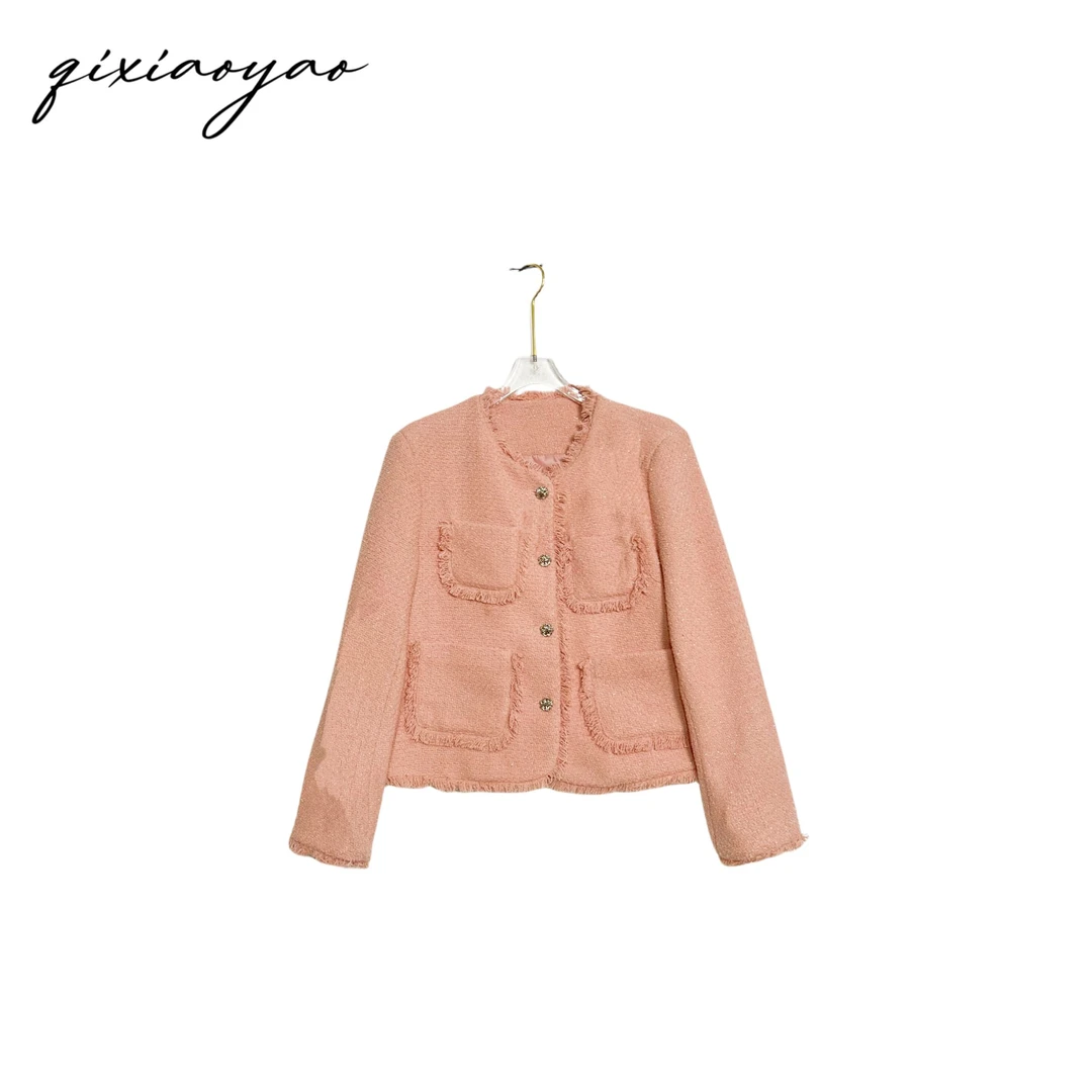 四口袋粗纺小香风外套#QSMKX1001