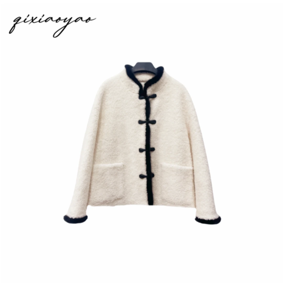 2024秋冬新款全羊毛纯色颗粒羊毛水貂边国风外套#QSXHR59311