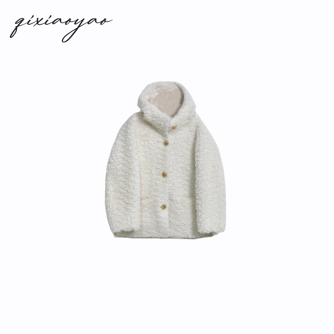 白色【黄油小熊】新款立领帽子款羊毛外套#BHXHR88621