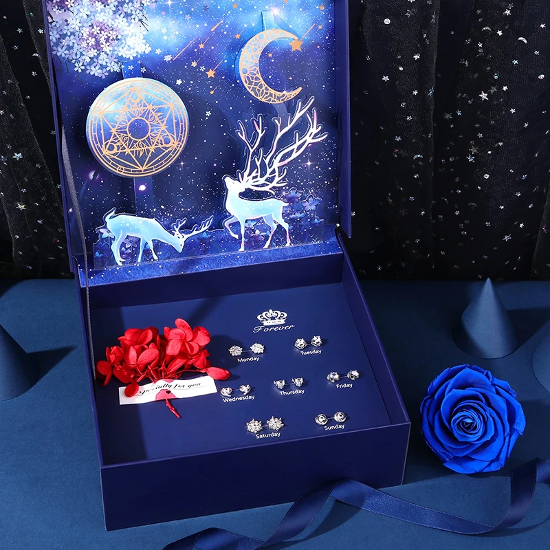 925银耳饰 一星期耳钉女生银针简约浪漫礼盒装圣诞节礼物送女友