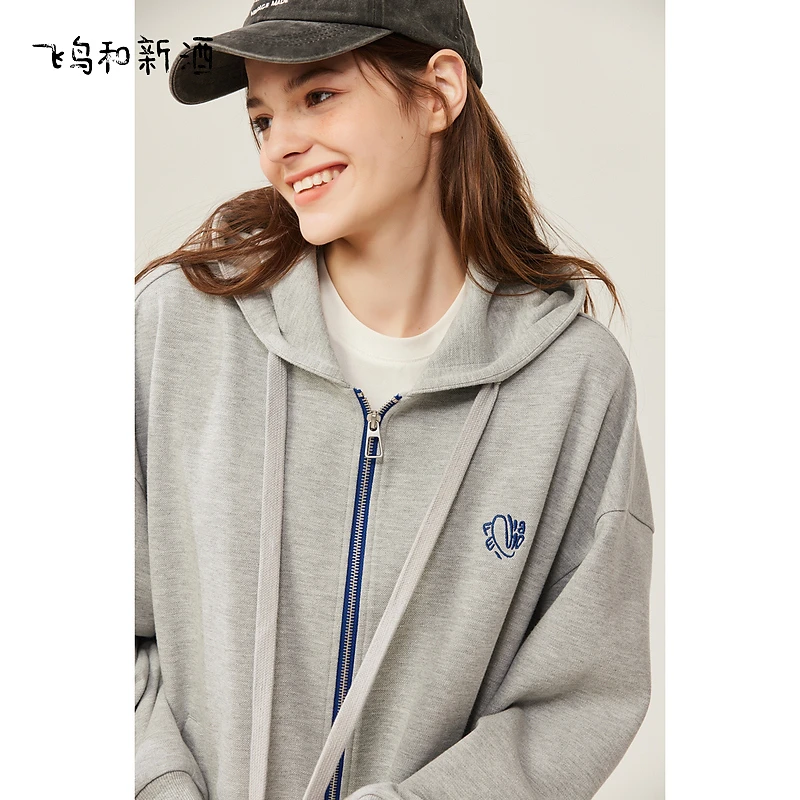 飞鸟和新酒宽松运动连帽灰色针织卫衣式短外套女FD35007039