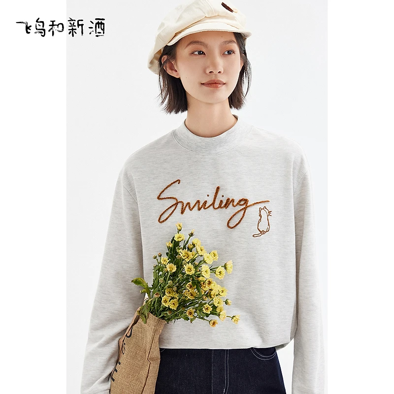 飞鸟和新酒灰色半高领卫衣女休闲冬季宽松美式短外套FD450101063