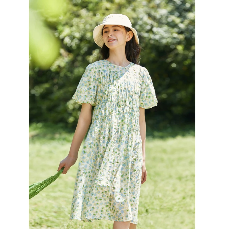 【平子】飞鸟和新酒花卉减龄短袖连衣裙圆领复古显瘦裙子FD33018058