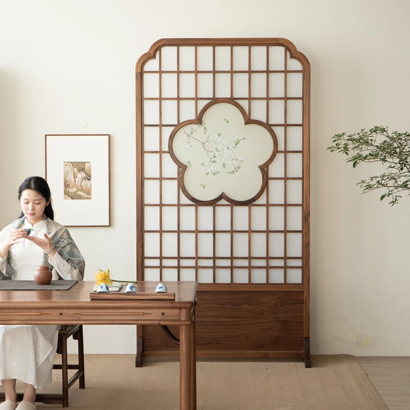 新中式格栅定制黑胡桃木实木屏风简约隔断玄关入户门正对门遮挡