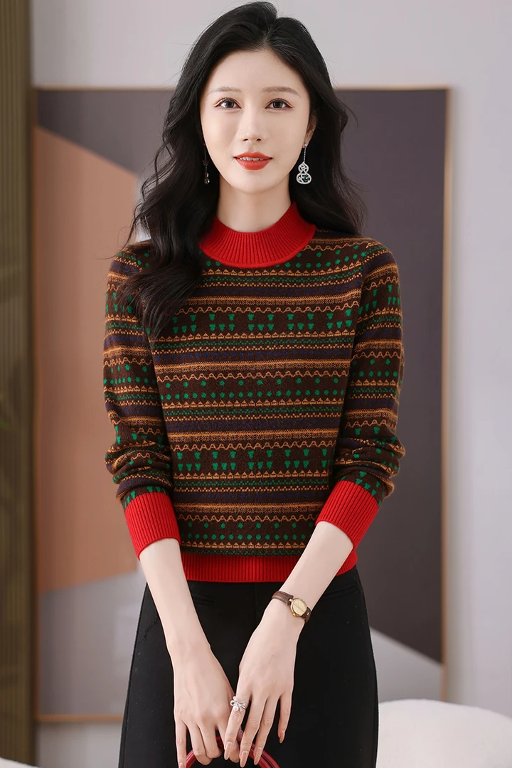 2024新款冬季女士半高领毛衣保暖洋气宽松显瘦气质提花打底针织