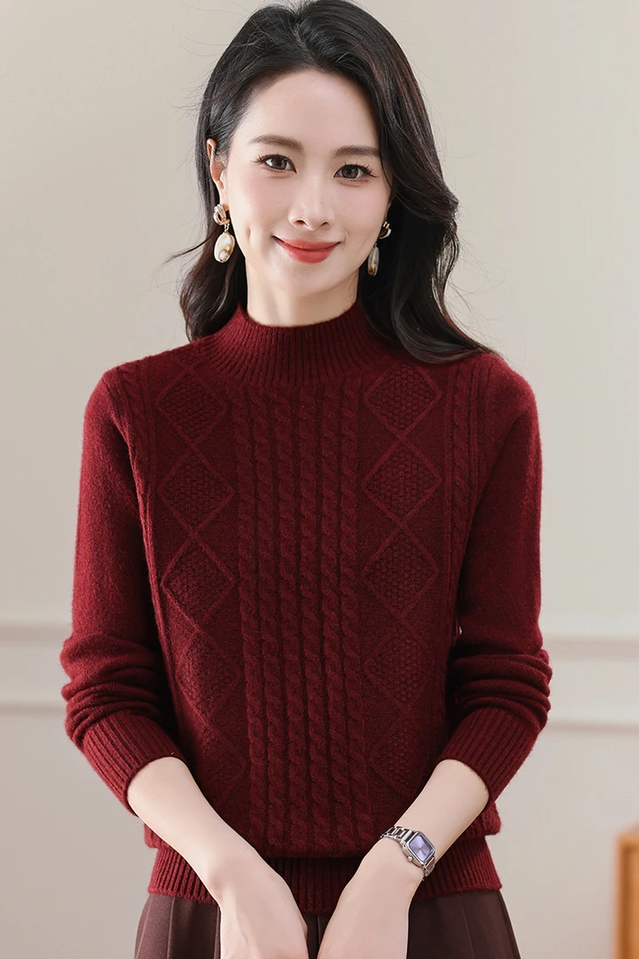 2024新款冬季女士半高领毛衣加厚保暖洋气时尚宽松针织显瘦打底