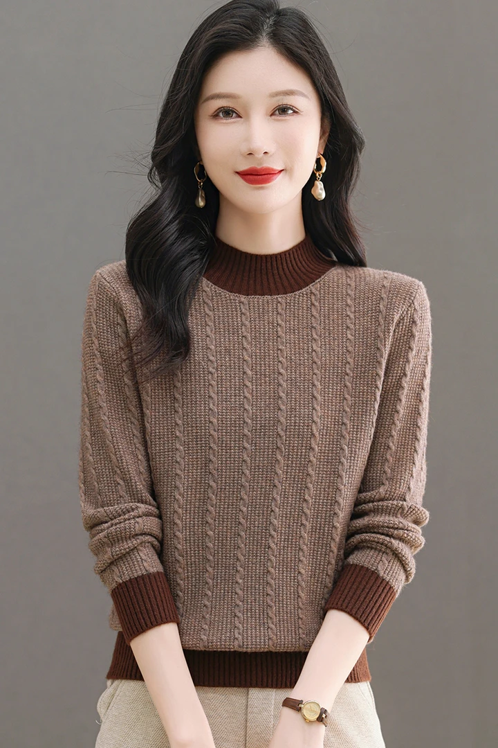 2024新款冬季女士半高领长袖洋气时尚宽松保暖气质针织毛衣打底