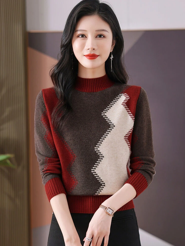 2024新款冬季女装半高领毛衣洋气宽松显示打底气质拼色百搭