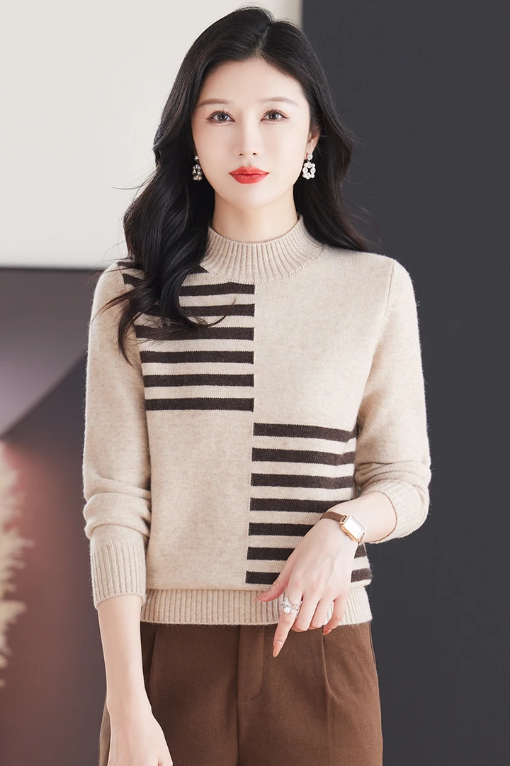 2024新款冬季女士半高领洋气时尚宽松毛衣保暖显瘦拼色打底内搭