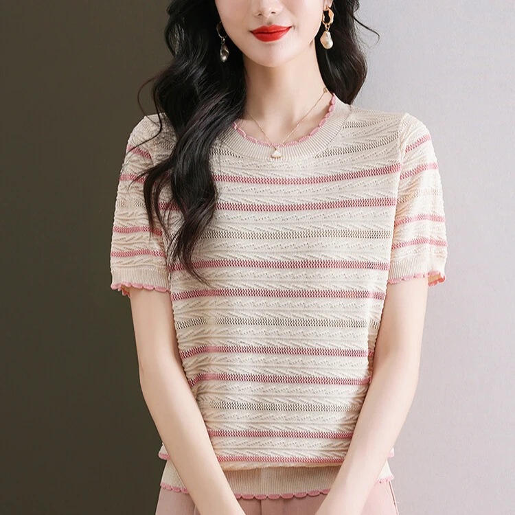 【桑蚕丝】新款夏季圆领女装显瘦气质洋气时尚百搭薄款宽松条纹