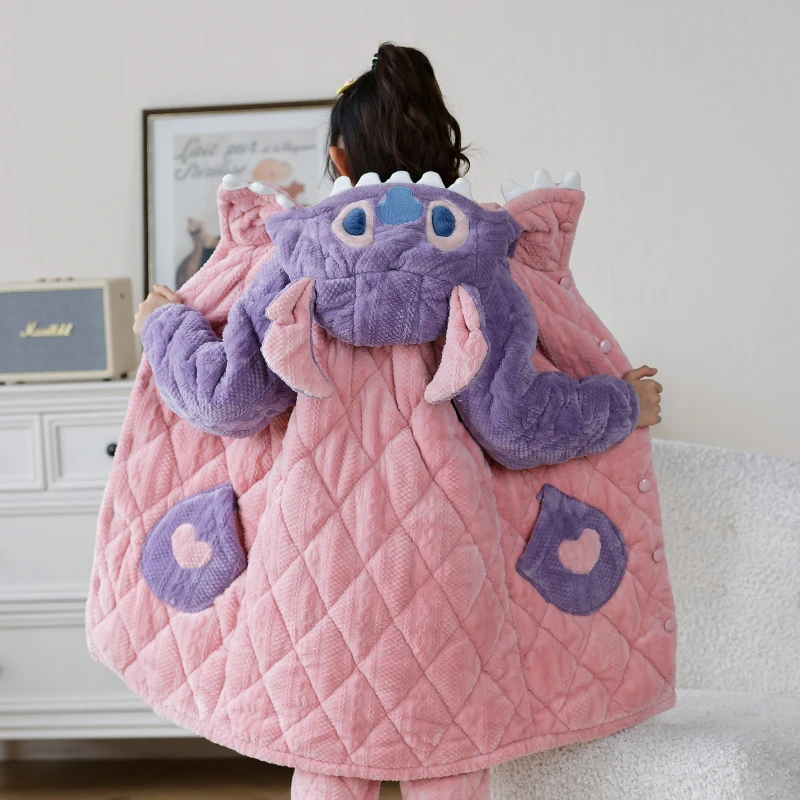 女童睡袍冬季2024新款加厚暖暖绒三层夹棉秋冬款儿童女孩家居服